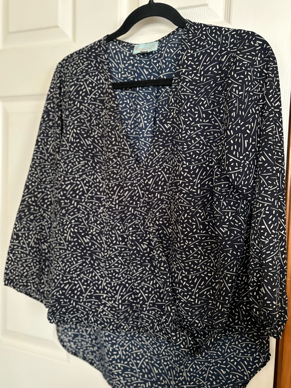 Veronica M Navy and White Printed V-Neck Blouse